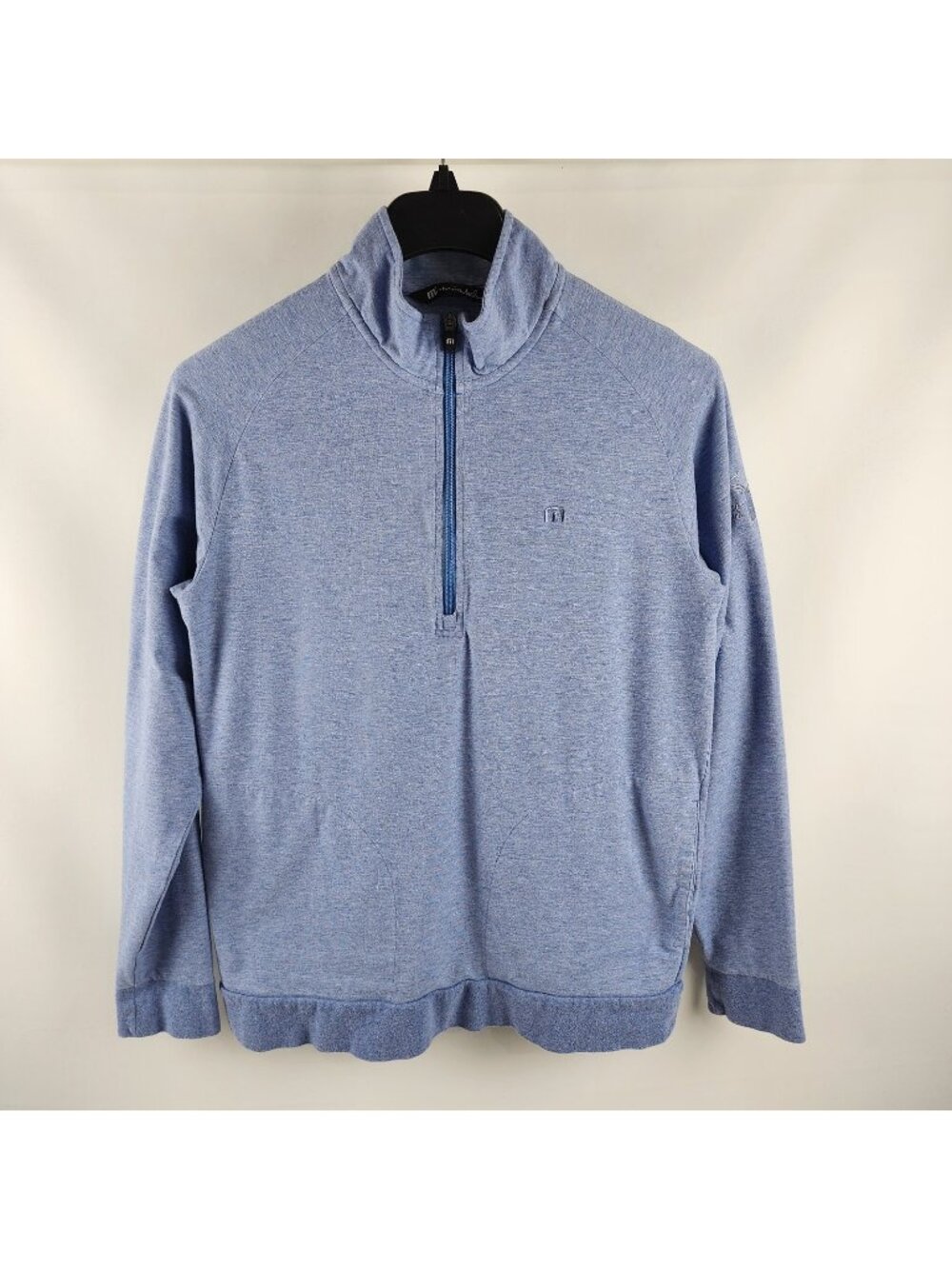 Travis Mathew Shirt Mens Medium Blue Mock Neck L/S 1/4 Zip Arm Logo